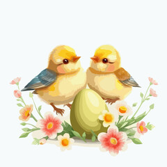 cute color birds and egg with flowers decorated