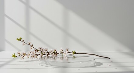 White Cherry Blossom Branch with Glass Petri Dish on Textured Surface