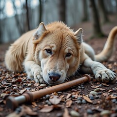 Resting Dog Portrait with Toy in Wooded Area Showing Canine Loyalty