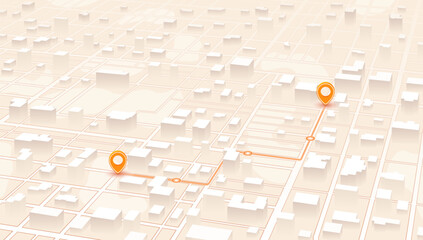 GPS navigation. Delivery route planning, navigation plan between POI. Isometric city scape navigation on detailed map with 3D buildings. GPS map markers. Vector illustration