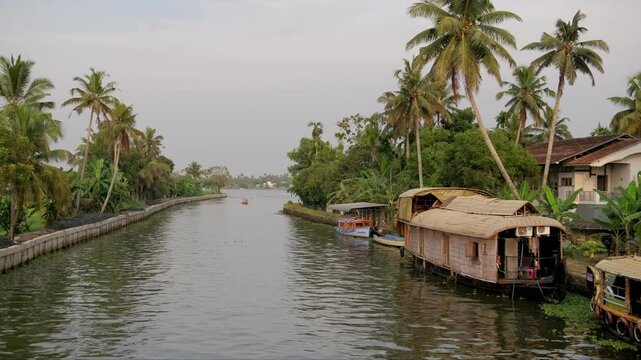 Houseboat Cruises Along Canals In Alleppey, Aerial View, Kerala, India. Houseboats in backwaters Alleppey. Travel, Vacation concept
