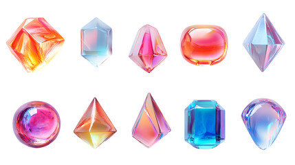set of abstract shapes with glass texture and colorful reflections isolated on white 3d rendering illustration.stock image