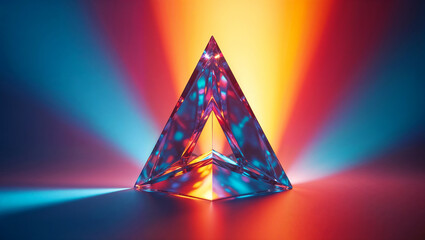 Glistening crystal pyramid with vibrant blue, red, and yellow reflections.