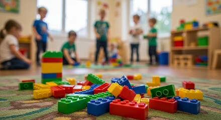 Naklejka premium Colorful Blocks in Preschool Classroom - A vibrant of colorful building blocks scattered on a classroom floor, with blurred children playing in the background