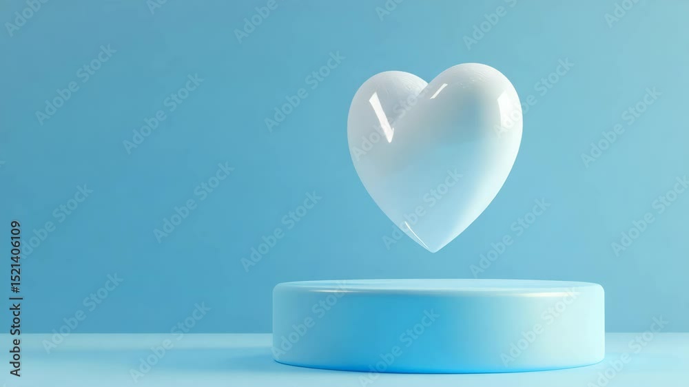 Poster white heart floating above a light blue podium in a minimalist setting