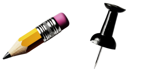 PNG yellow pencil and a black pin rest on a transparent background.