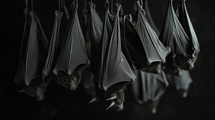 Colony of bats hanging upside down in a dark cave.