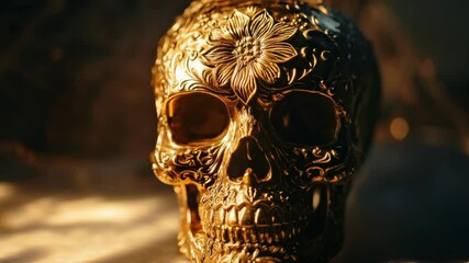 Golden skull with intricate floral engravings in warm light, digital art concept - Powered by Adobe