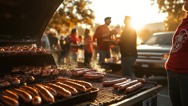 Tailgate Party BBQ Scene with Grills, Burgers, and Football Fans Celebrating Game Day at Sunset