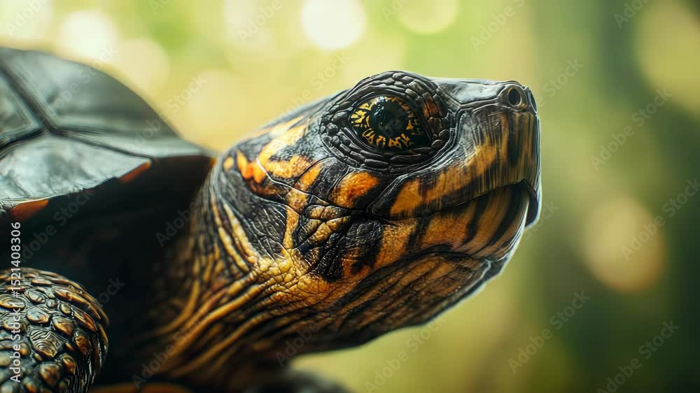 Poster Close-up of a turtle with intricate patterns and vibrant colors, nature background