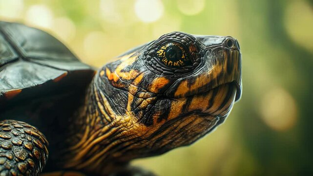 Close-up of a turtle with intricate patterns and vibrant colors, nature background