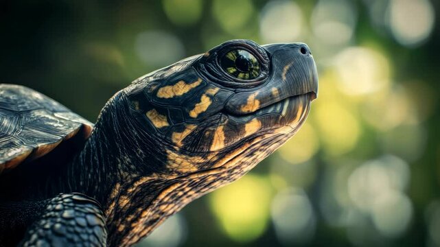 Turtle close-up with detailed shell and bokeh background, nature photography
