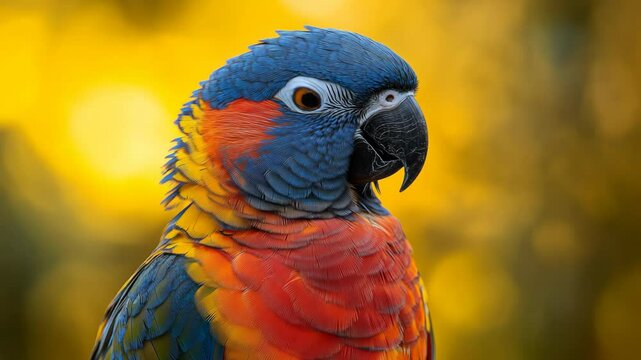 Colorful parrot with vibrant plumage against a bright yellow blurred background