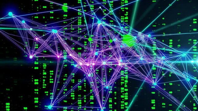 Futuristic video concept with a digital network of glowing blue lines and nodes, captured from a dynamic, angled perspective against a matrix-like background.