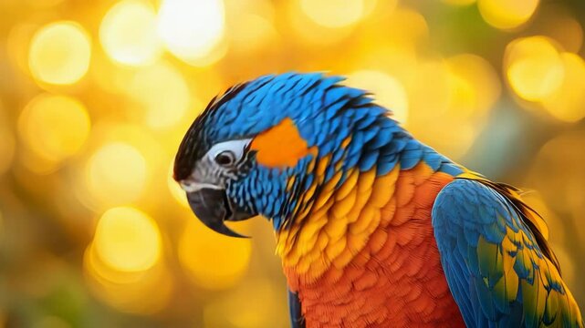 Vibrant parrot with orange and blue feathers against golden bokeh background