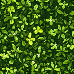 seamless vibrant green cartoon grass texture with small flowers, featuring lush leaves and lively pattern. image showcases seamless design perfect for backgrounds or nature themed projects