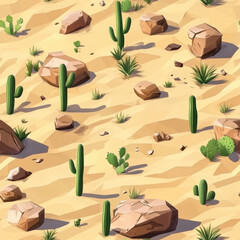 seamless low poly 3D desert landscape features cacti, rocks, and sand, creating serene and arid environment. scene is characterized by its simplistic geometric shapes and warm color palette