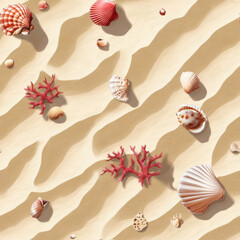 seamless Seashells and coral fragments scattered on sandy tropical beach, creating serene and natural pattern. warm sand and vibrant shells evoke sense of tranquility and coastal beauty