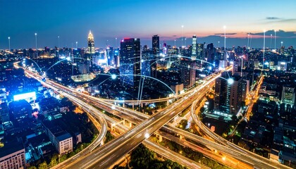 Fototapeta premium Smart city concept. Futuristic cityscape with integrated sensors, autonomous vehicles, and interconnected buildings, representing urban innovation, connectivity, and sustainable living