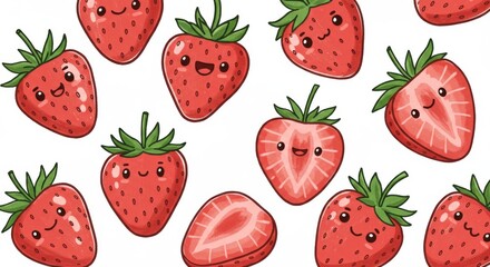 Happy Strawberry Summer Delight - Cute cartoon strawberries, summer vibes, healthy food, joyful design, sweet treat