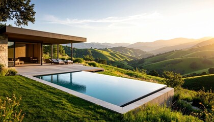Luxury wellness resort with an infinity pool overlooking a lush green valley, offering a serene and peaceful setting focused on health, relaxation, and mindful living