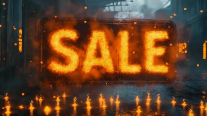 Glowing orange sale sign with fiery sparks on a wet urban street