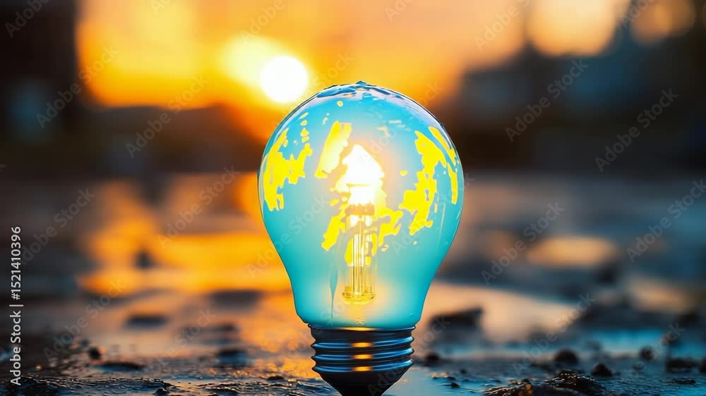 Poster illuminated blue light bulb on wet surface at sunset with blurred background