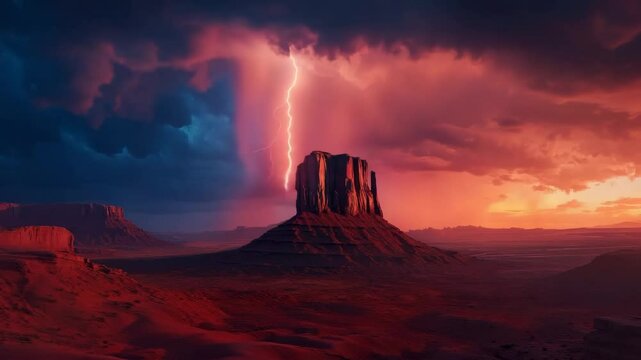 Lightning striking a mesa in a colorful desert during a dramatic sunset