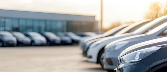 Used cars parked in an expansive open-air auto lot beside a modern dealership building, symbolizing urban mobility, commerce growth, and diverse customer choices in the resale car industry