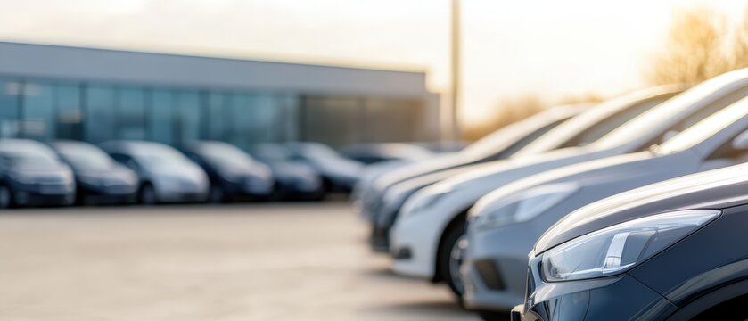 Used cars parked in an expansive open-air auto lot beside a modern dealership building, symbolizing urban mobility, commerce growth, and diverse customer choices in the resale car industry