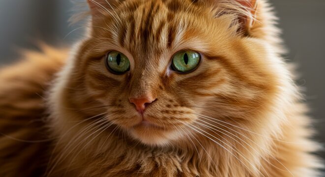 Majestic Ginger Cat Portrait - A captivating close-up of a ginger cat, showcasing its striking green eyes, fluffy fur, and serene expression. Symbolizing: warmth, tranquility, feline beauty