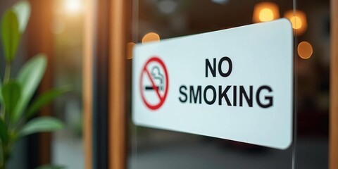 No smoking notice board red prohibition symbol on glass, health safety warning notice, smoke‑free area