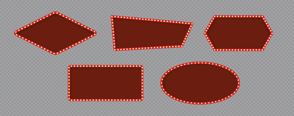 Realistic marquee sign box set isolated on transparent background, light board in retro vintage style for circus, casino, karaoke bar, open mic. Red neon cinema marquuee frame with glow gold lights. © viktoria_ngm