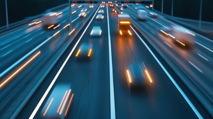 Advanced urban expressway showcasing electronic toll collection technology with vehicles in motion under illuminated gantries, highlighting cashless mobility and smart city infrastructure efficiency.