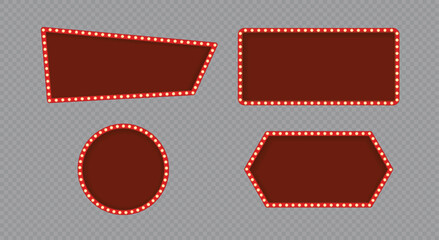 Realistic marquee sign box set isolated on transparent background, light board in retro vintage style for circus, casino, karaoke bar, open mic. Red neon cinema marquuee frame with glow gold lights.