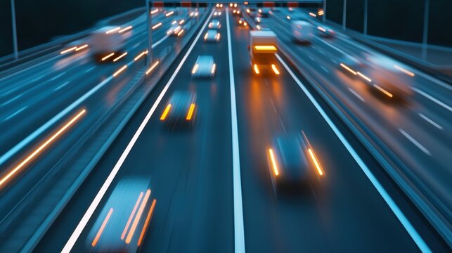 Advanced urban expressway showcasing electronic toll collection technology with vehicles in motion under illuminated gantries, highlighting cashless mobility and smart city infrastructure efficiency.