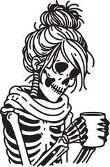 Cute Skeletons Sharing Tea or Coffee Line Drawing
