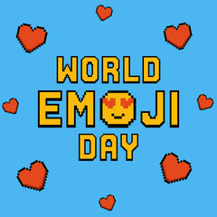 Vector illustration for World Emoji Day with pixel art emoji hearts on a blue background. Perfect for celebration banners, greeting cards, social media posts, digital invitations, retro themed designs
