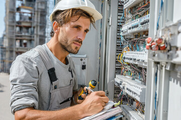 Worker lays electrical wiring in a new building wires, drill, tools