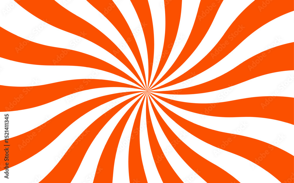Poster Abstract vivid, radial spiral burst pattern with red and white curved rays. Dynamic and symmetrical, using bold movement and energy. Retro, psychedelic feel reminiscent of vintage pop art.