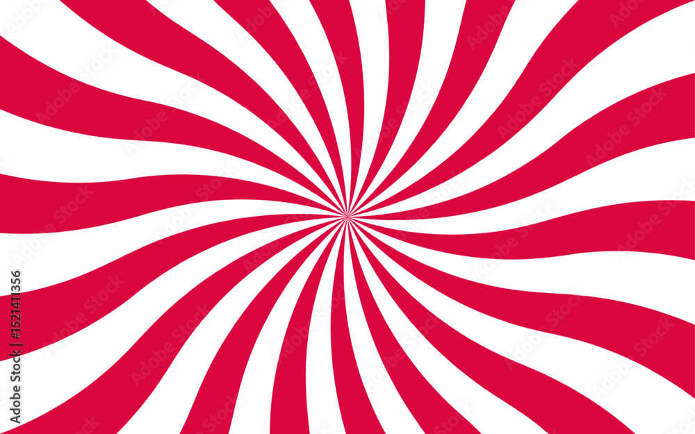 Poster Abstract vivid, radial spiral burst pattern with red and white curved rays. Dynamic and symmetrical, using bold movement and energy. Retro, psychedelic feel reminiscent of vintage pop art.