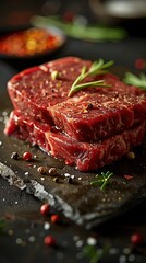 Premium beef steak, bright red meat, intricate marble patterns, cinematic lighting, commercial food photography, macro lens.