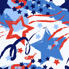Abstract hand drawn seamless pattern with stars and stripes. Vector chalk crayon USA flag holiday red blue background