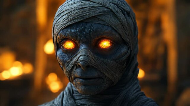 Mysterious glowing-eyed mummy in a dark crypt, horror and fantasy theme