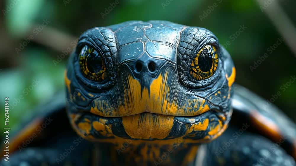 Poster Close up of a tortoise with detailed shell colors and natural background