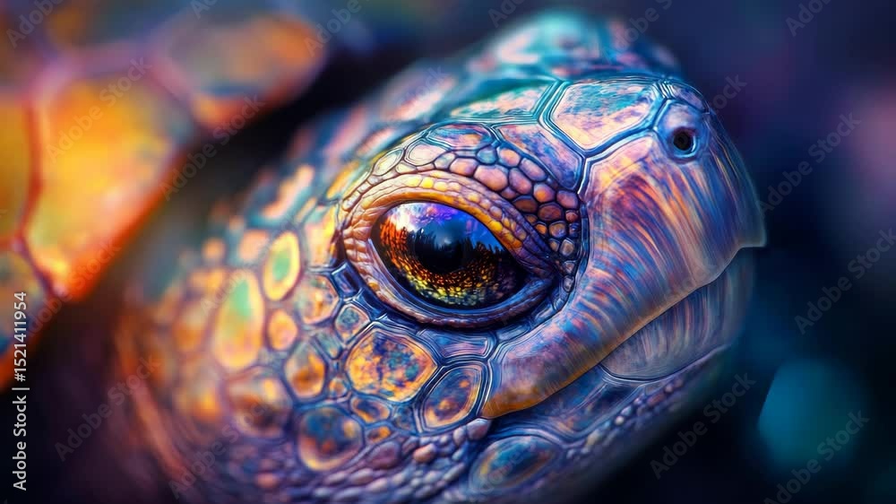 Poster Vibrant close-up of a turtle with colorful patterns and glowing textures
