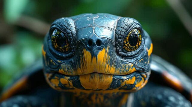 Close up of a tortoise with detailed shell colors and natural background