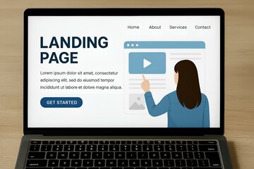 Ekran laptopa z projektem strony docelowej – kobieta wskazująca na grafikę z filmem promocyjnym
