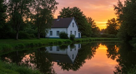 Fototapeta premium Serene Sunset House by the Lake - Peaceful countryside scene of a white house reflecting in a calm lake at sunset. Tranquil and idyllic