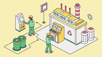 Isometric illustration of factory workers operating machinery in a recycling plant setting with tanks